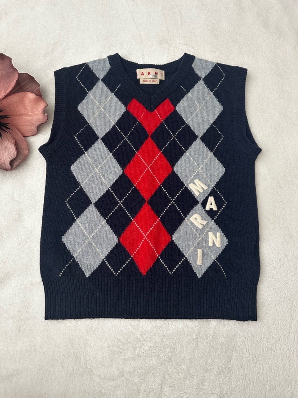Marni Argyle Sweater Vest Logo Blue Red Virgin Wool Sleeveless V-neck 42 US 6